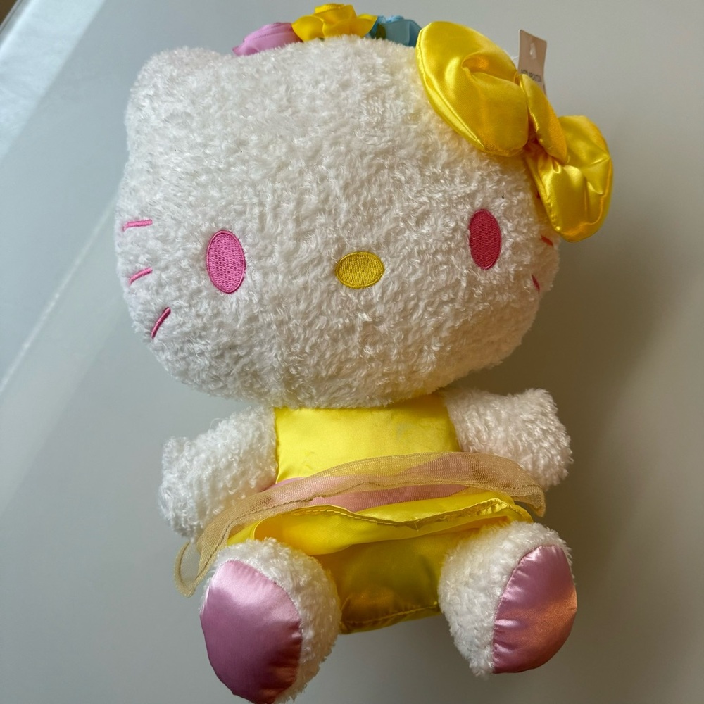 New - 14” Hello Kitty Sanrio Flower Yellow Crown Dress Stuffed Animal Plush